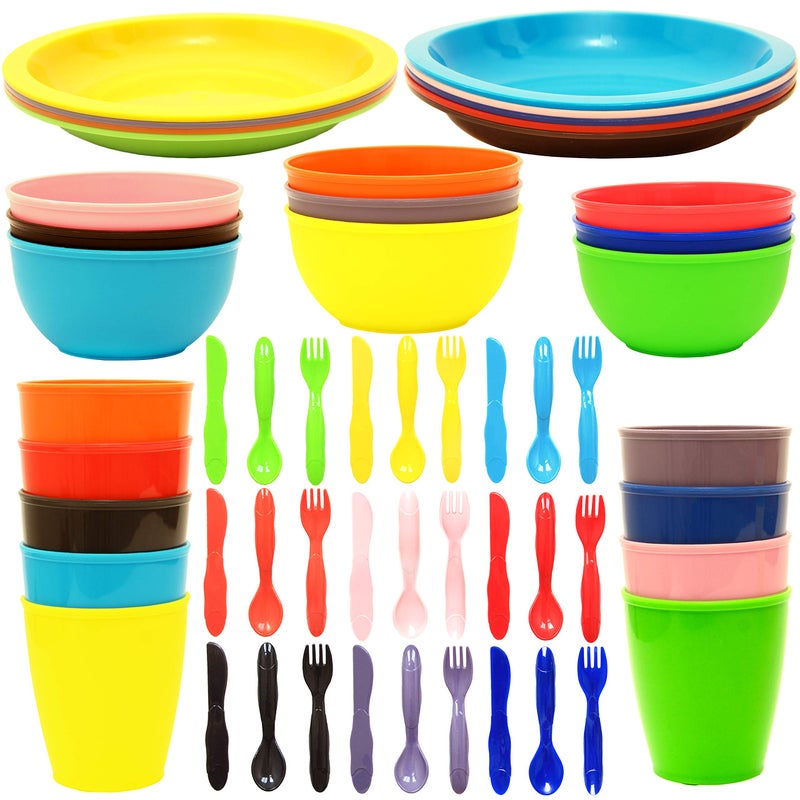 Youngever 54 Pcs Plastic Kids Dinnerware Set of 9 in Assorted Colors, Toddler Dining Set, Cups, Plates, Bowls, Flatware Set, Dishes - Image 5